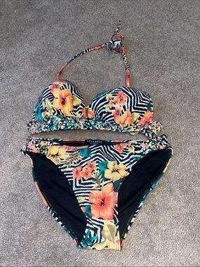 Revamped by SirensFloral Zebra Print Bikini - Black with Orange & Yellow Flowers